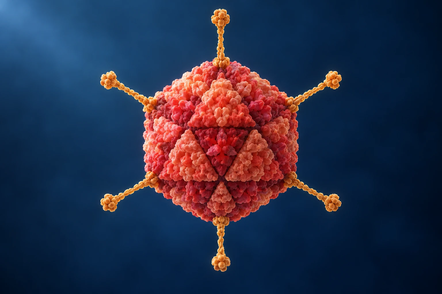 Conceptual non-enveloped adenovirus capsid with fine projecting fibres.