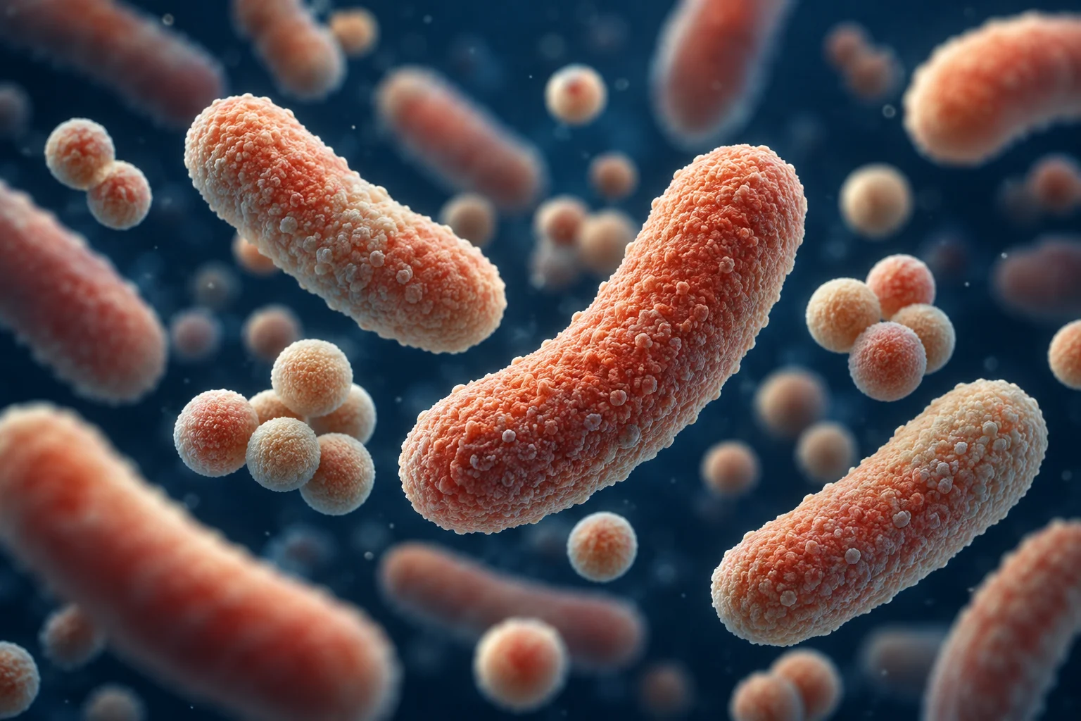 Conceptual close-up of textured rod-shaped bacteria and small clusters of rounded bacterial cells against deep navy.