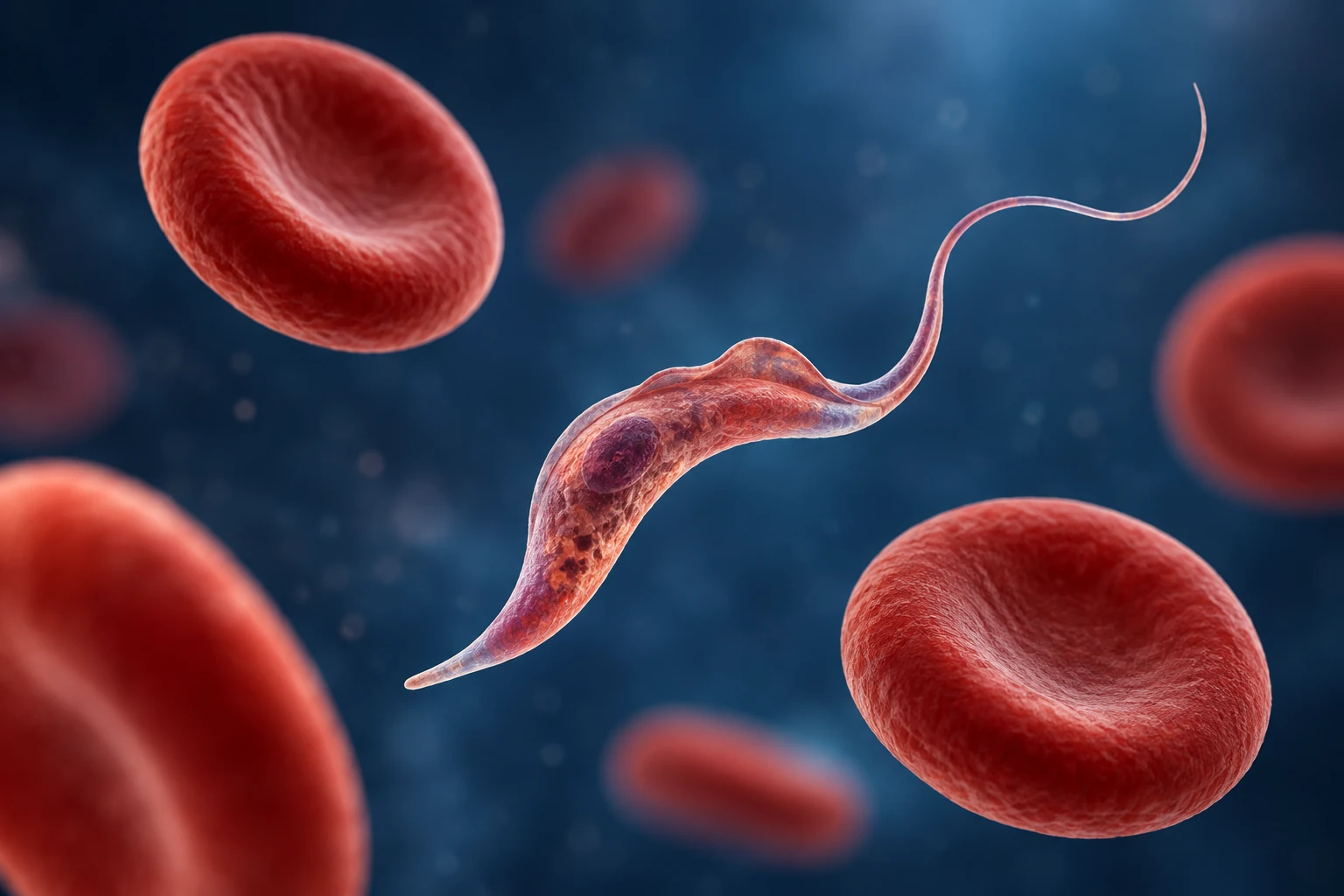 Conceptual slender Trypanosoma cruzi among red blood cells for Chagas testing.
