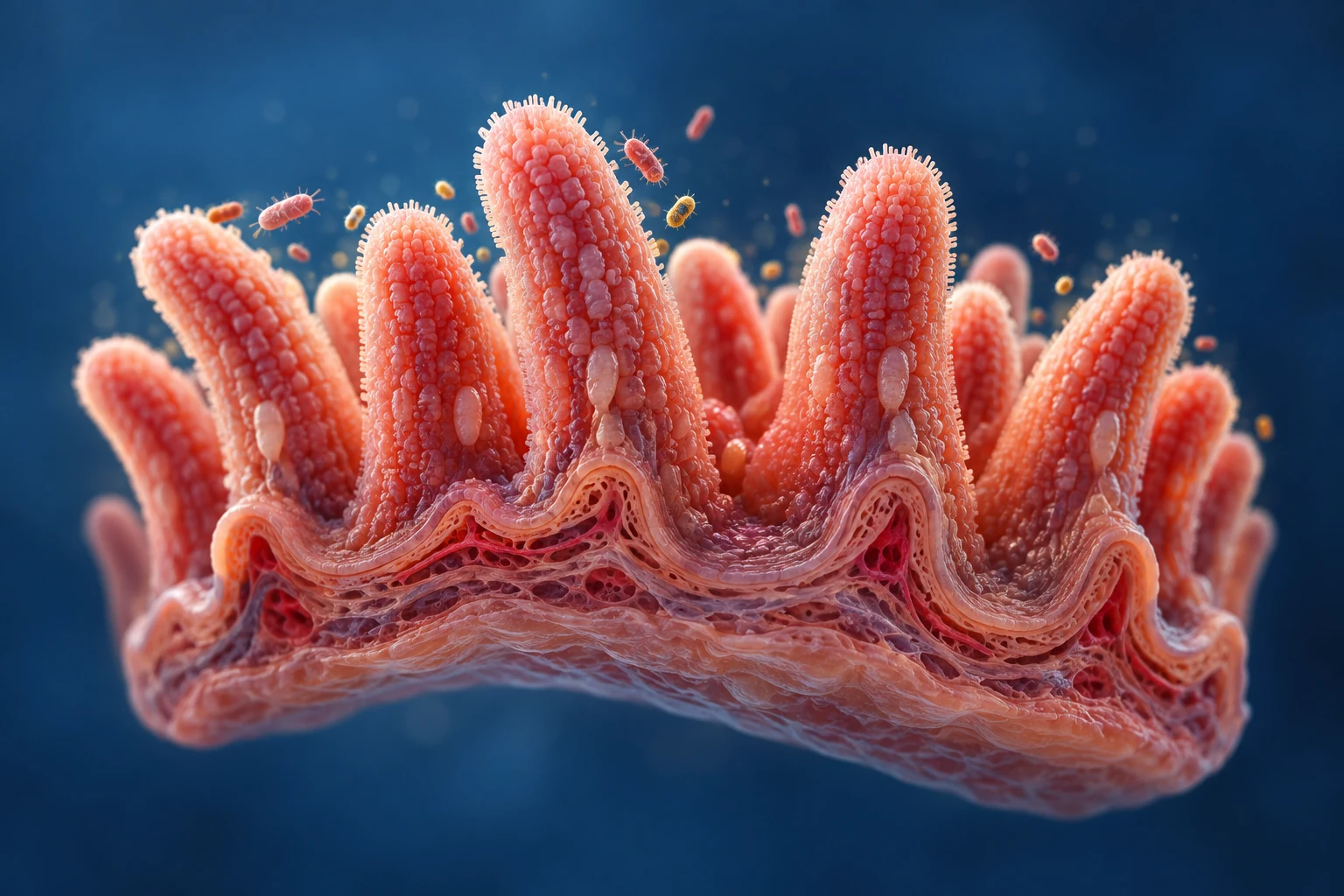 Conceptual intestinal villi with a non-specific pathogen context for enteric testing.
