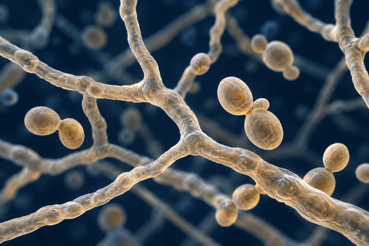 Conceptual branching fungal filaments with rounded budding yeast cells in cream and pale amber against deep navy.