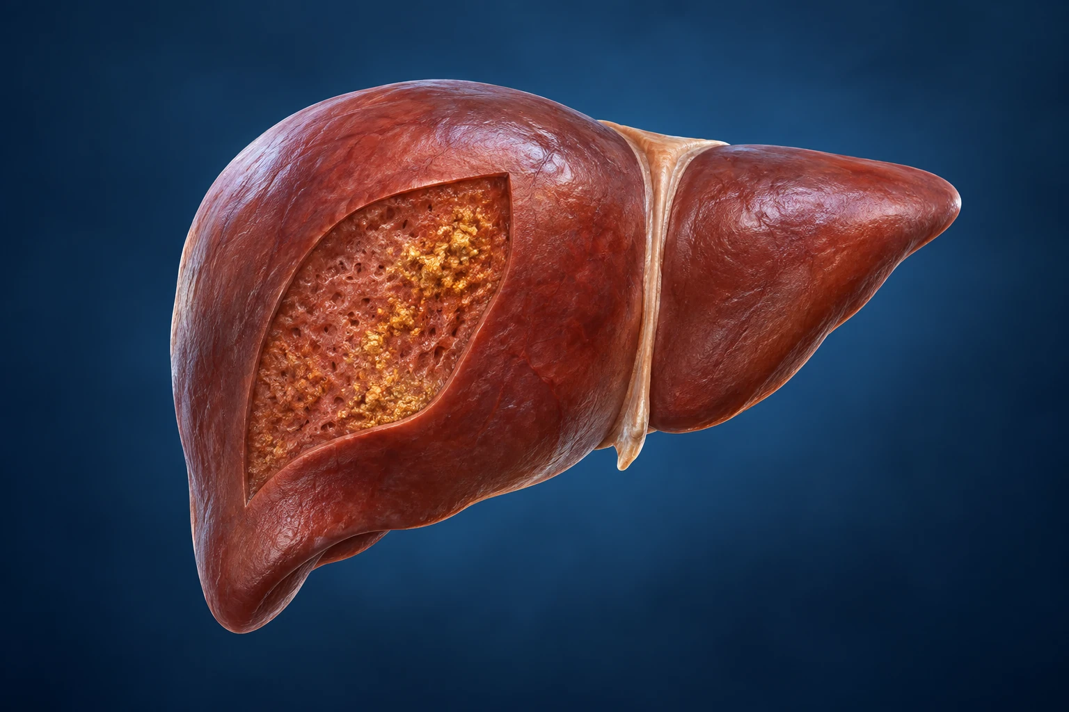 Conceptual liver with a warm iron-deposition motif for hemochromatosis testing.