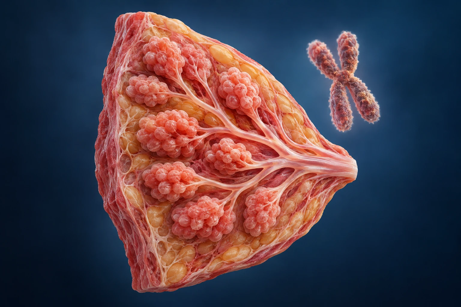 Conceptual breast tissue cross-section and chromosome motif for hereditary cancer testing.