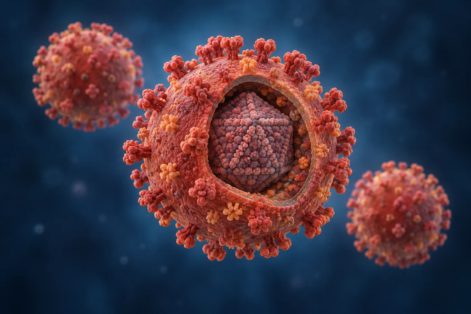 Conceptual textured enveloped virus particles for herpes testing.