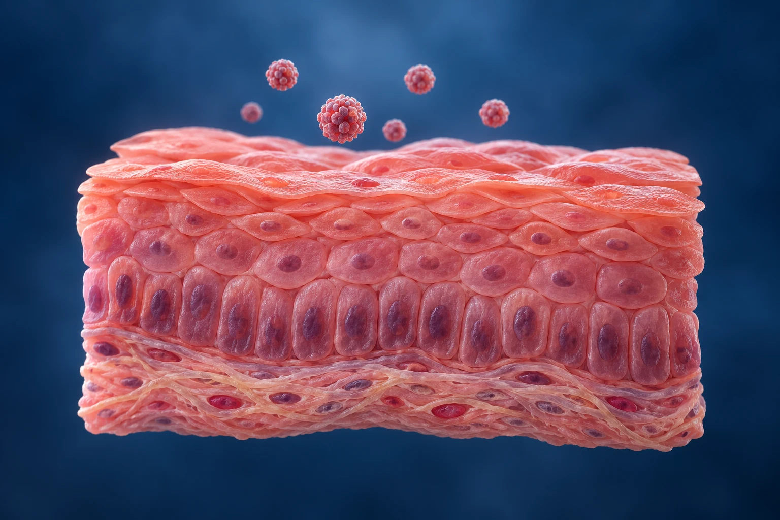 Conceptual cervical epithelial tissue and virus particles for HPV testing.