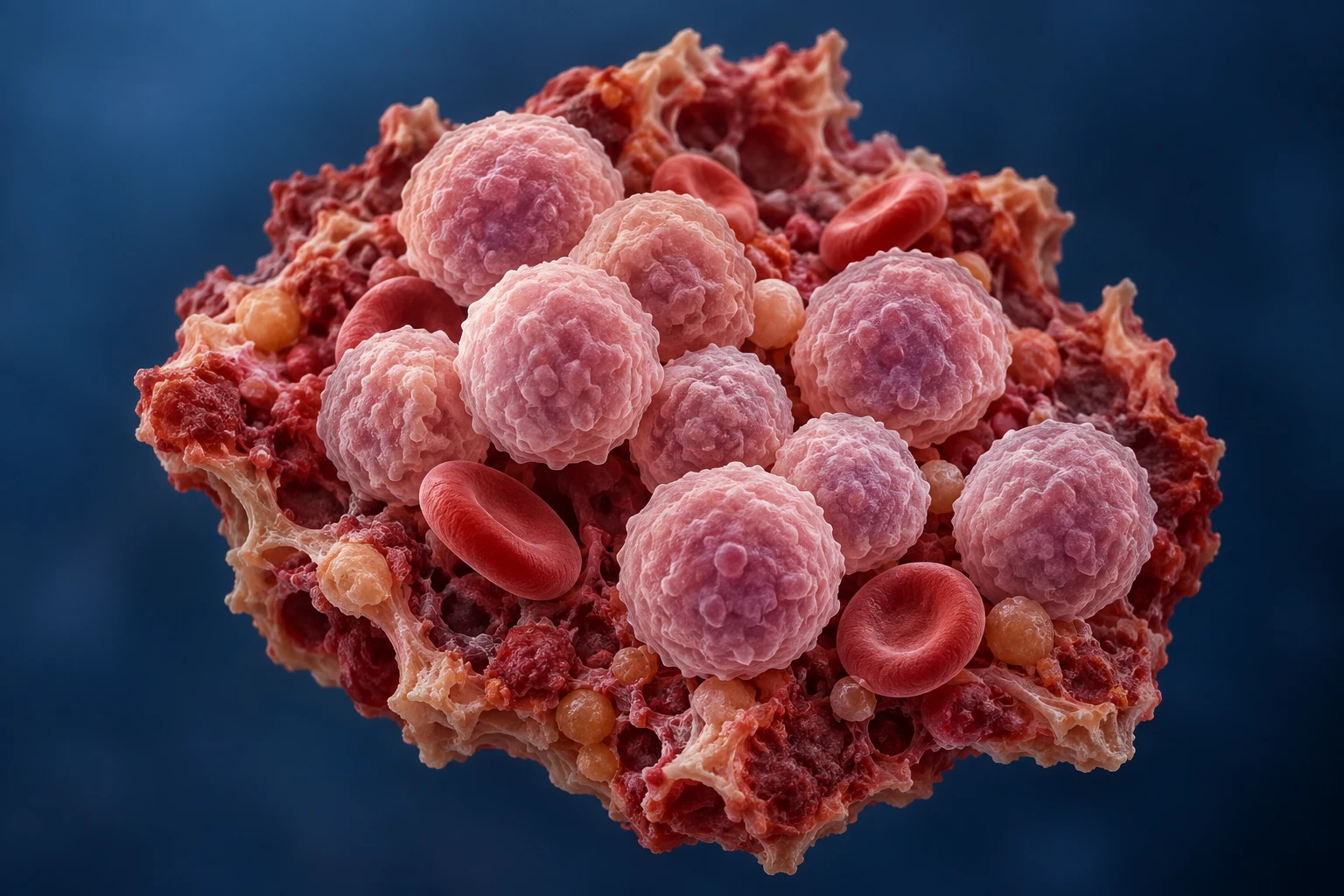 Conceptual bone marrow and white blood cell cluster for leukemia testing.