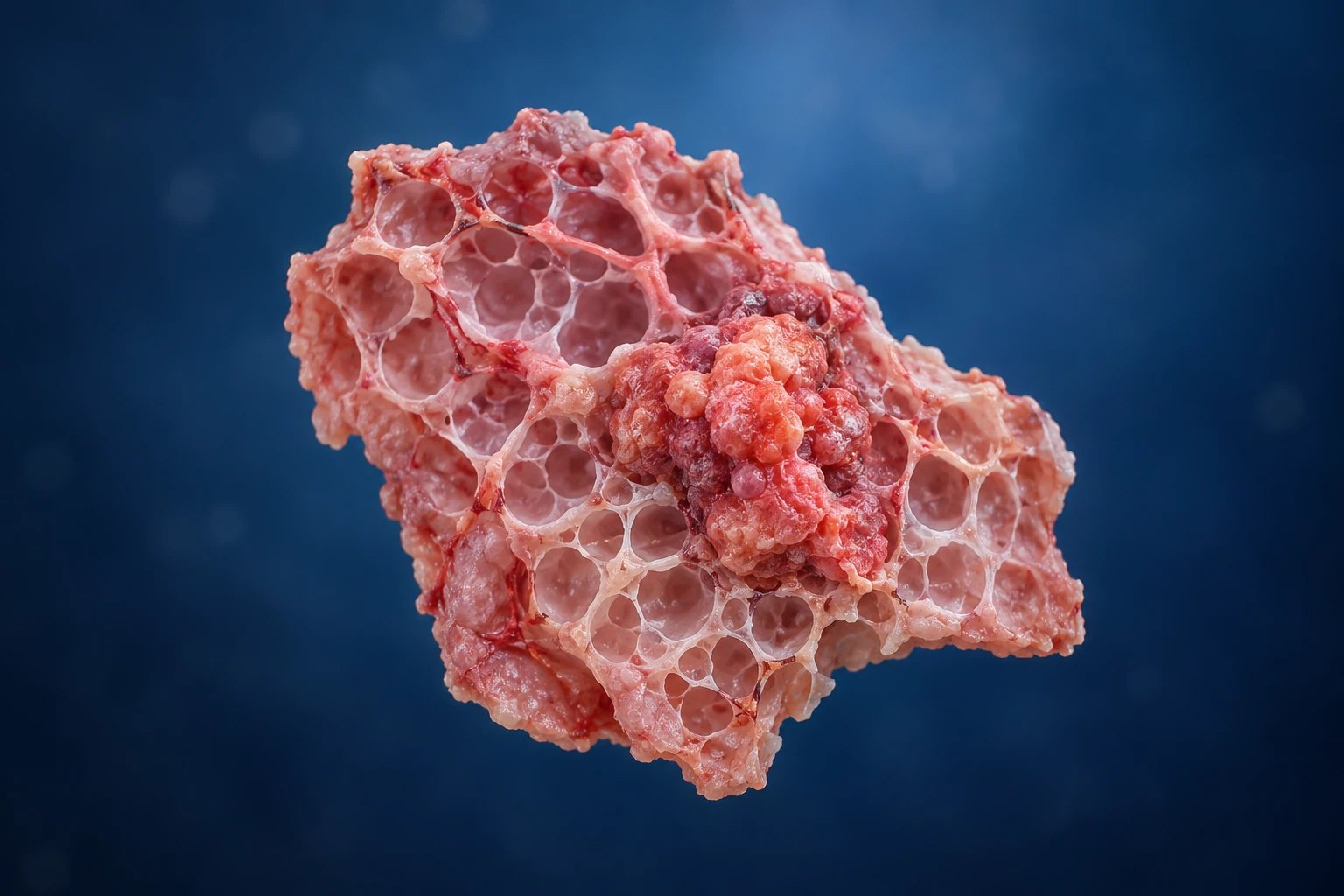 Conceptual lung tissue and a small malignant-cell cluster for lung oncology testing.