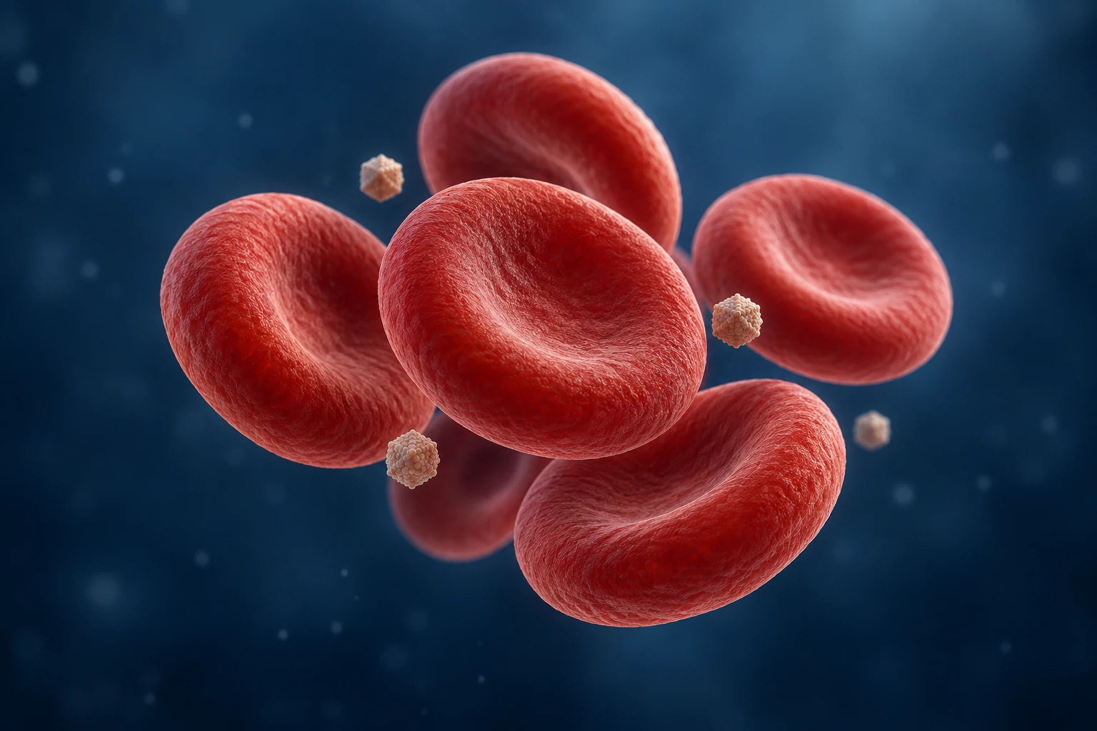 Red blood cells with conceptual non-enveloped particles for parvovirus testing.