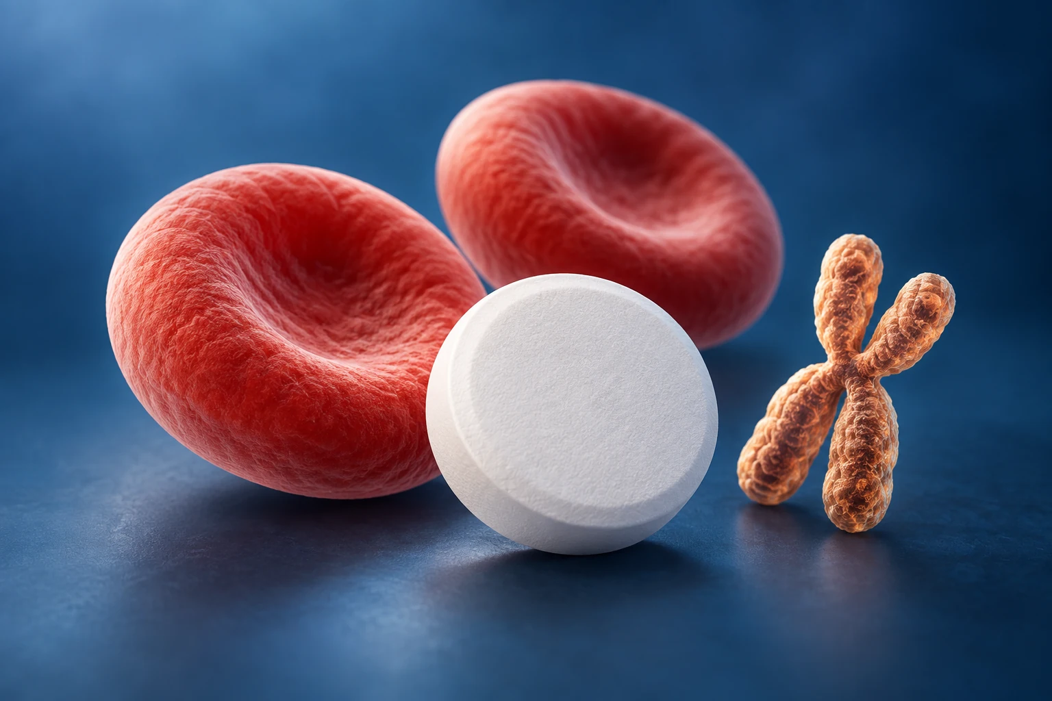 Unbranded tablet, blood cells and chromosome cue for pharmacogenomics testing.