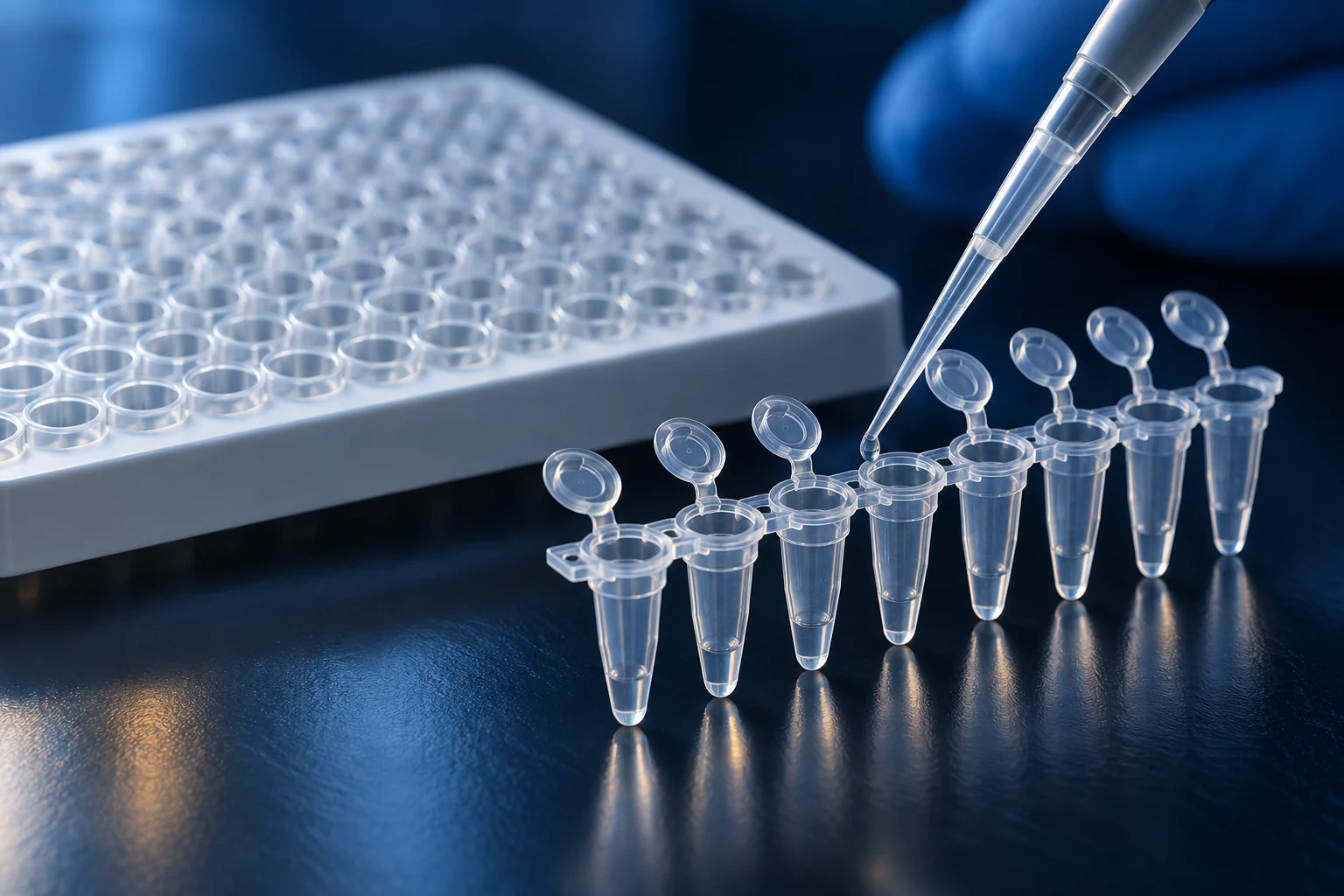 Close-up of an unbranded PCR microplate, clear tube strip, and pipette tip in a softly lit research laboratory.