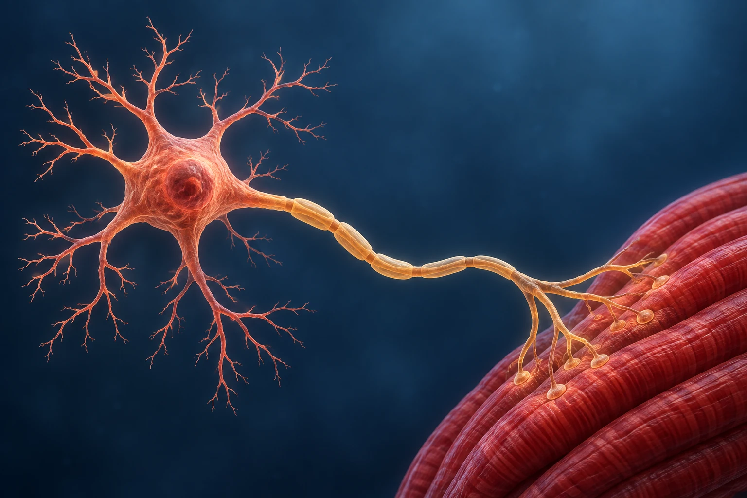 Conceptual motor neuron connecting to skeletal muscle fibres for SMA testing.