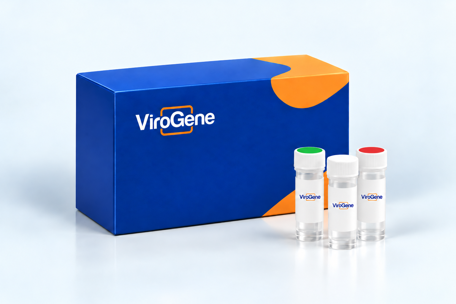 Illustrative ViroGene kit presentation: Human Diagnostics. Uniform clear vials with green, white and red cap discs.