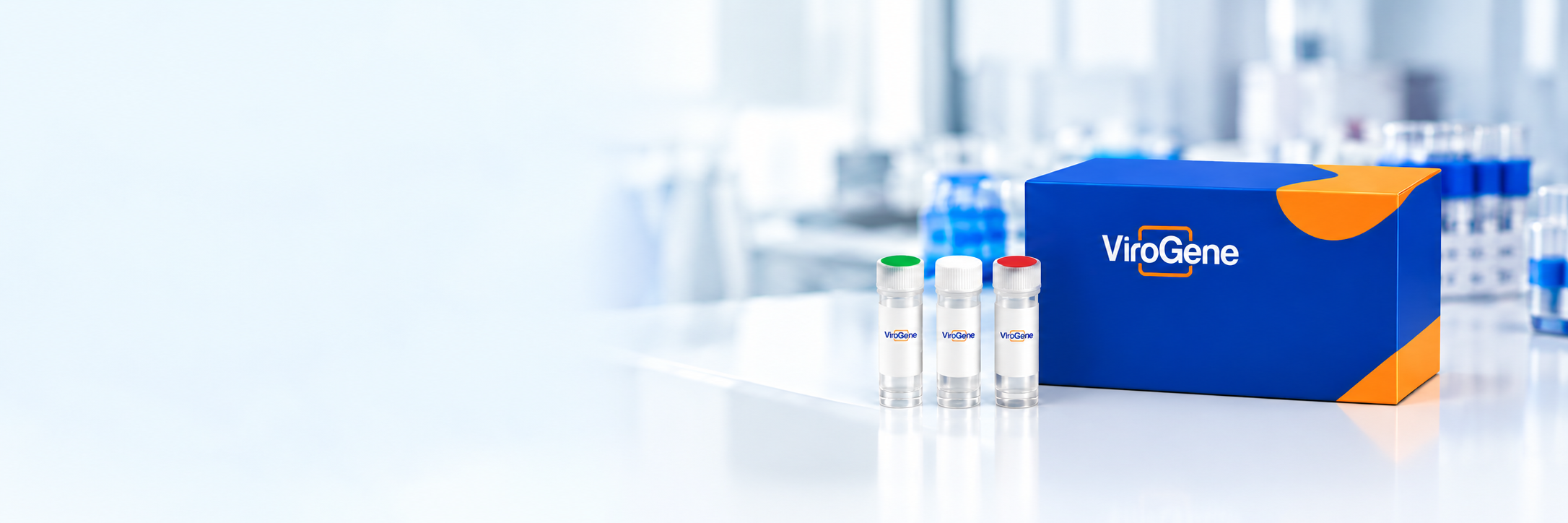 ViroGene blue and orange kit with green, white and red capped vials on a laboratory bench